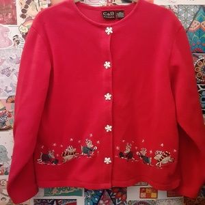 VTG 90s Y2K PM M Ugly Fleece Red Embroidered Christmas Cardigan C&B Sport